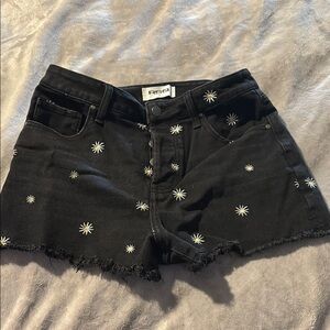 Women's Black Denim Shorts with Daisy Embroidery